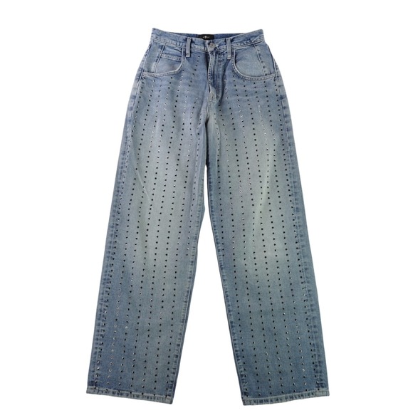 7 For All Mankind Denim - 7 For All Mankind Jennifer Jeans Womens 27 Blue Studded High Rise Wide Leg